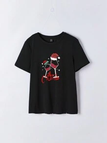 SHEIN LUNE T-shirt ajusté d'été à manches courtes col rond avec motif de Noël simple et décontracté, grande taille pour femmes