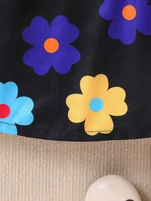 女婴优雅高领罗纹上衣，泡泡袖和花卉印花裙套装，秋冬 - 彩色 - 查看 4