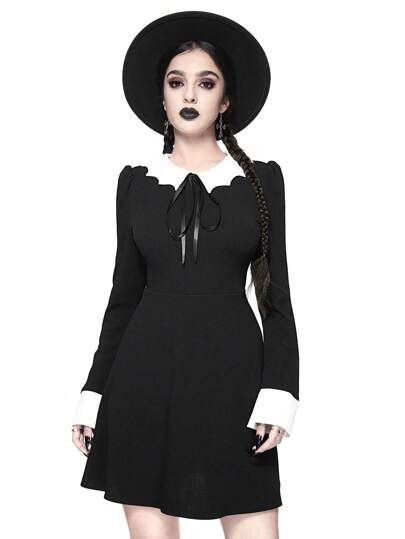 Goth Vestido de mujer de estilo gótico con cuello de murciélago, lazo en la cintura y falda acampanada elástica, para Halloween