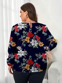 EMERY ROSE Plus Size Women's Elegant Casual Floral Print Loose Fit Long Sleeve Blouse, Suitable For Fall/Winter - Navy Blue - View 2