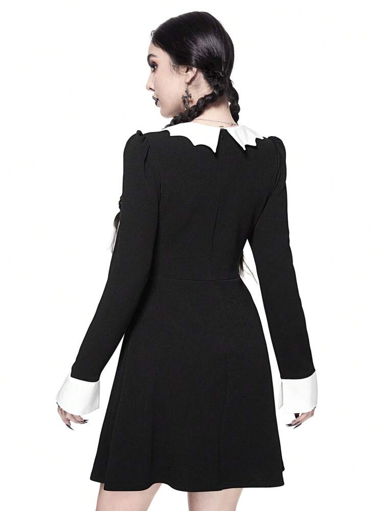 ROMWE Goth 哥特式蝙蝠领蝴蝶结腰喇叭形 A 字弹力女式连衣裙，万圣节 - 黑色 - 查看 5