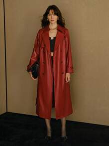 MOTF STUDIO PU LEATHER LAPEL COLLAR DOUBLE BREASTED PLACKET BELTED TRENCH COAT - Burgundy - View 4