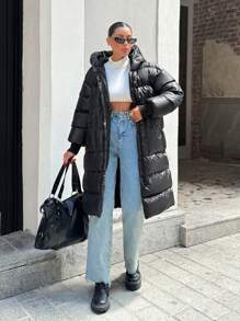 EURMUSE Zip Up Hooded Puffer Coat - Black - View 4