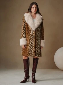 Anewsta 蓬松豹纹蓬松边饰 A 字腰长款女士外套 - 彩色 - 查看 4