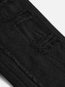 Jeans dritti con orlo sfrangiato e rovinato, in stile casual da strada Y2K, colore nero tinta unita, per ragazze adolescenti - nero - Visualizzare 6