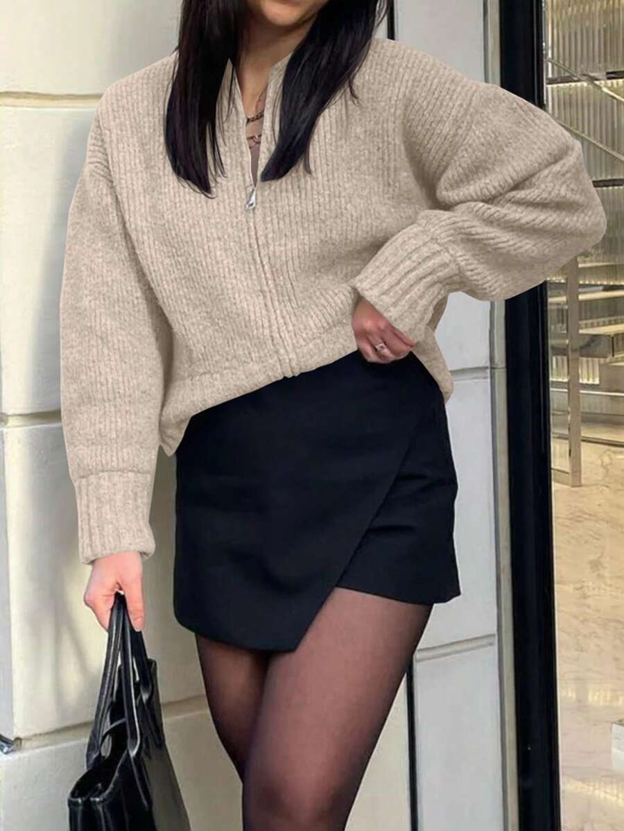 INAWLY 女士纯色前拉链长袖休闲衬衫、长袖上衣 - 杏色 - 查看 1