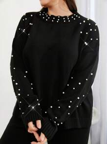 RueChic 大码高领长袖毛衣配珍珠和毛衣裤套装，适合冬季 - 黑色 - 查看 7