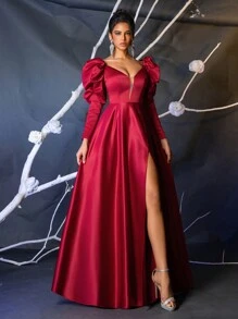 Glamrae 勃艮第红色优雅缎面勃艮第红色羊腿袖网眼甜心领骨高腰喇叭形长礼服，侧高开衩，长袖舞会晚礼服，适合婚礼嘉宾、毕业典礼、晚宴 - 酒紅色 - 查看 1