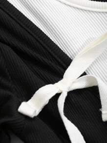 DAZY Women's 2 In 1 Contrast Color Patchwork Bow Accent Slim Fit Long Sleeve Crew Neck T-Shirt - Black - View 8