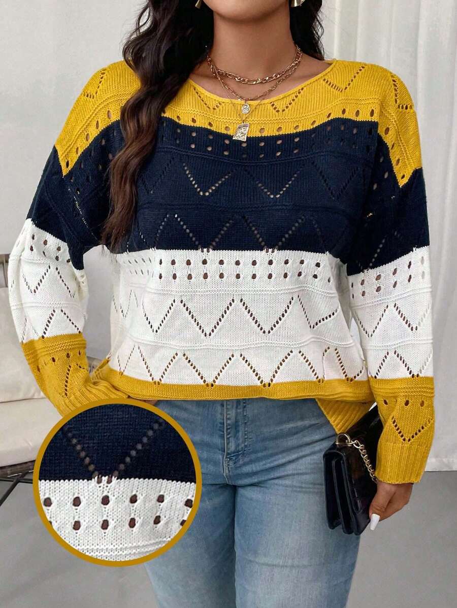 Calvaya Maglione lavorato a maglia con motivo geometrico traforato e blocchi di colore, casual per primavera e autunno, taglie comode