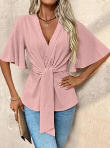 SHEIN Clasi Áo cánh tay ngắn cổ chữ V tối giản trơn màu dành cho nữ - Hồng - Xem 3