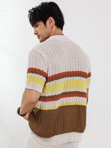 Manfinity Homme 男式前扣短袖条纹拼布休闲针织上衣 - 白色 - 查看 4