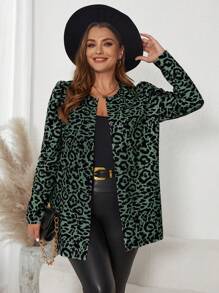 SHEIN Clasi Plus Size Long Sleeve Leopard Print Casual Coat - Dark Green - View 5