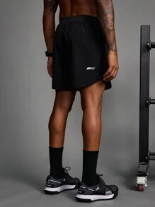 Manfinity Sport Corelite 男友风男士纯色拼接印花休闲运动短裤健身服运动裤黑色短裤 - 黑色 - 查看 5