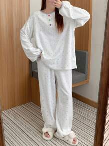 DAZY Polka Dot Print Velour Fabric Colorful Button Decor Pajama Set