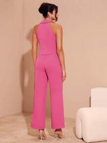 Glamine Áo cổ chữ V không tay cho nữ có thiết kế trang trí hoa 3D và quần ống đứng thường ngày - Hồng - Xem 2