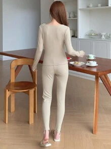 DAZY Lace Trim V-Neck Slim Fit Pajama Set - Khaki - View 2