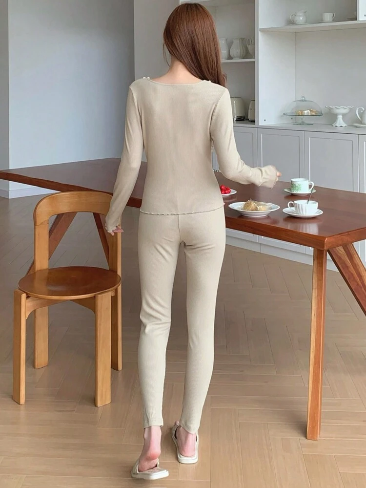 Lace Trim V-Neck Slim Fit Pajama Set