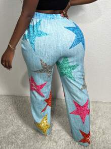 Slaydiva Women's Star Print Denim Effect Pants - Multicolor - View 2