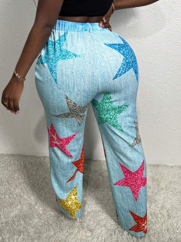 Women's Star Print Denim Effect Pants