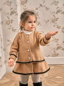 女童优雅复古羊毛大衣，秋冬款 - 棕色 - 查看 5