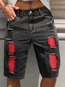 Manfinity LEGND Men's Button Waistband Distressed Design Casual Denim Shorts - Black - View 1