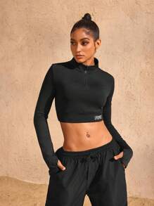 SHEIN Dewbera Áo nỉ dài tay thường ngày tối giản in họa tiết cho nữ, áo crop top đen dài tay mùa thu - màu đen - Xem 7