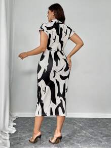 Elenzga 秋季加大码女装高领紧身弹力黑白印花腰部褶皱修身迷你连衣裙长款女装假日女装 - 彩色 - 查看 6