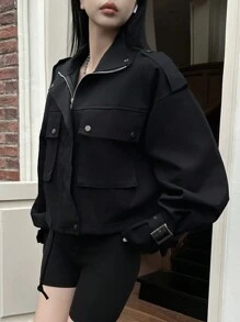 Dazy-Less 翻盖口袋落肩抽绳下摆夹克，复古风格，秋季服装 - 黑色 - 查看 5