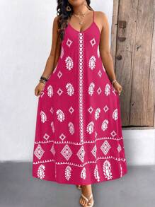 SHEIN LUNE 大码女式几何汉字印花宽松吊带长裙，夏季 - 玫紅色 - 查看 4