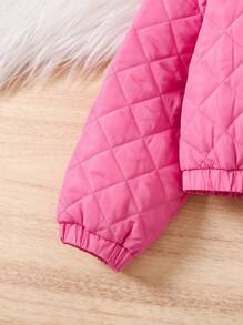 SHEIN 年轻女孩字母贴花绗缝领弹性下摆夹克，冬季 - 粉色 - 查看 7