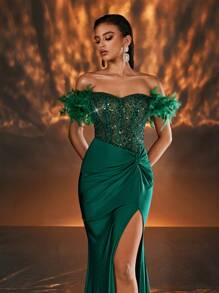 Glamrae 优雅奢华深绿色露肩毛绒袖透明亮片拼布弹力开衩美人鱼礼服正式礼服适合婚礼、派对、毕业典礼、庆典、正式活动（带羽毛袖口的装饰设计）、舞会晚礼服、婚礼宾客、晚宴礼服