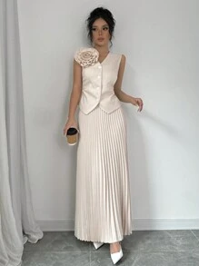 Chiquease 2pcs Women's Fall 3D Flower Embellished Sleeveless Vest And A-Line Pleated Skirt Suit Set