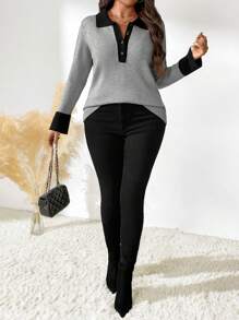 SHEIN 大码长袖时尚修身休闲舒适迷人套头毛衣，适合冬季秋季穿着 - 灰色 - 查看 4