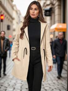 SHEIN Privé Women's Solid Color Drawstring Waist Pocket Casual Hooded Loose Regular Jacket, Spring Autumn - White - View 1