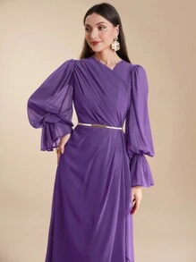 Modelyn Đầm viền nhún bèo dài tay màu trơn dành cho nữ, thường ngày & ngày lễ - Màu tím - Xem 8