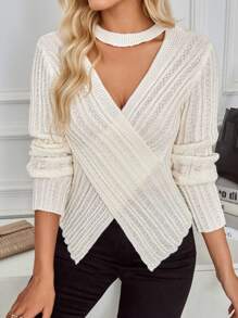 SHEIN Clasi كنزة ربيعية وخريفية بياقة ملفوفة على الرقبة بشكل صليب، بلوزة محبوكة للخريف والشتاء - بيج - مشاهدة 4