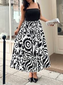 Flirla Plus Size Solid Color Patchwork Dress, Casual Holiday - Black - View 6