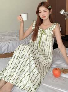 DAZY 全印花荷叶边下摆吊带睡袍 - 綠色 - 查看 8