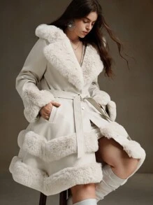 Anewsta Plus Size Solid Color Thick Fluffy Trim Fluffy Fuzzy Cinched Waist Jacket, For Winter Fall Autumn