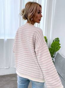 Chiquease Áo len kẻ sọc hồng tối giản, phong cách thường ngày cho ngày Valentine, áo len chui đầu mùa thu đông. - Màu Hồng baby - Xem 2