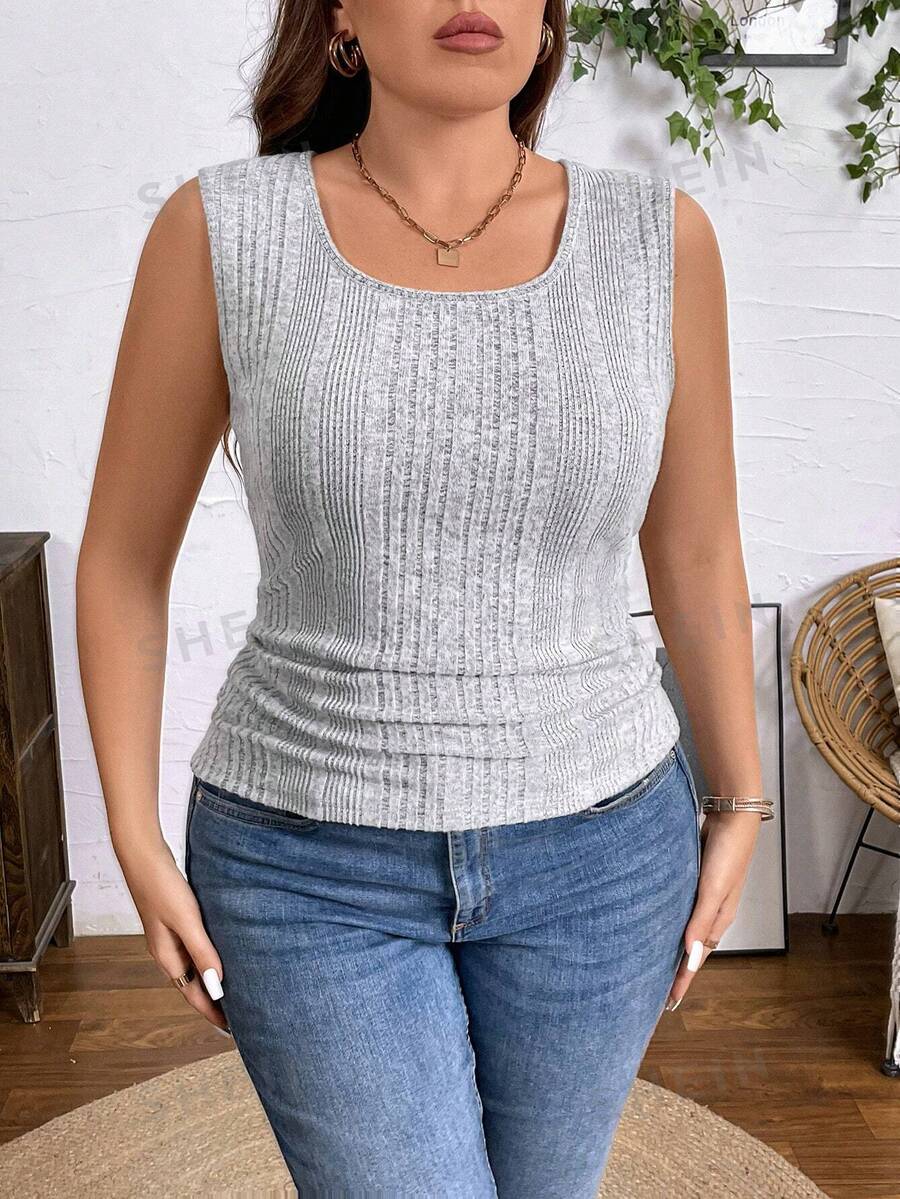SHEIN LUNE Plus Size Women Grey Sleeveless Asymmetrical Fuzzy Camisole