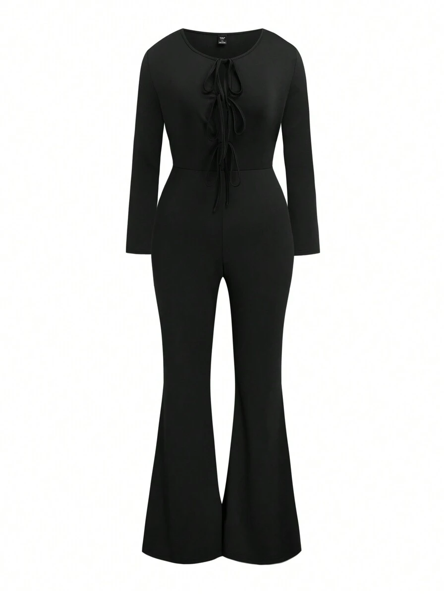 SHEIN Clasi 大码女式休闲黑色针织系腰紧身喇叭连体裤，秋季 - 黑色 - 查看 1