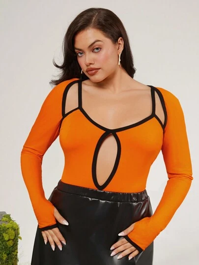 evoluSHEIN X Anitta VICTOR VON SCHWARZ Designer Plus Contrasted Binding Cut-Outs Thumb Hole Long Sleeve Bodysuit, Holiday, Thanksgiving, Spring, Festival