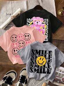 SHEIN EZwear Bộ 3 Áo thun ngắn tay cổ tròn in hình gấu cười đơn giản, thoải mái cho nữ, màu đen/xám/hồng, thích hợp cho mùa hè - Nhiều màu - Xem 7