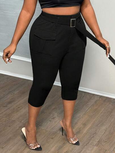 Slaydiva 大码女式黑色纯色腰带口袋七分裤，休闲优雅，春夏