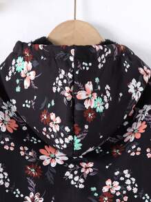 SHEIN Vintaside Kids 年轻女孩碎花连帽厚衬中长外套，秋冬 - 黑色 - 查看 4