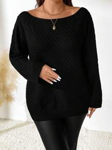 SHEIN LUNE Áo len dài tay màu trơn cỡ lớn dành cho nữ, áo len dệt kim mùa thu/đông. - màu đen - Xem 7