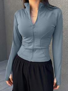 DAZY Women's Solid-Color Front Zip Long Sleeve Simple Jacket, Casual Everyday Wear,Fall Women Clothes - Dusty Blue - View 5