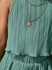 SHEIN 2pcs/Set Young Girl Woven Solid Color Crew Neck Sleeveless Top And Woven Solid Color Loose Shorts Set Green Dress Kids Girl